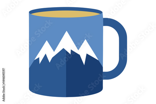 A stylized blue mug of coffee or tea with a mountain design