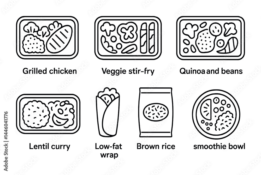 Fototapeta premium Healthy eating outline icons set – flat style nutrition, meal prep, and fitness symbols for diet planning: grilled chicken, veggie stir-fry, quinoa and beans, lentil curry, low-fat wrap, brown rice,