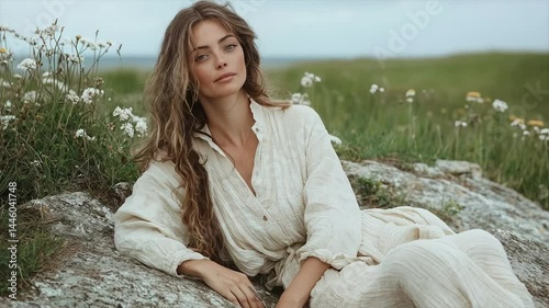 Relaxed woman in a light beige linen dress, resting amongst wildflowers