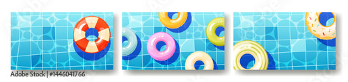 Set of three summer pool backgrounds with space for text, web page, poster. Multicolored inflatable circles floating on the surface of the water, top view. Lifebuoy for the ocean, sea.