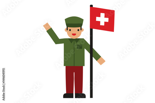 Flat Illustration of a Man in Uniform Holding a Swiss Flag
