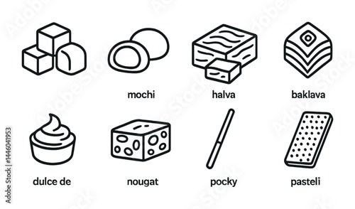 International desserts icon set – outline style sweets, snacks, and confectionery symbols for culinary projects: mochi, halva, baklava, dulce de leche, nougat, pocky, pastel de nata