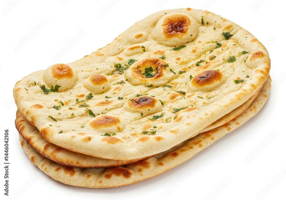 Stack of freshly baked naan bread with herbs on white background Stack of freshly baked naan bread with herbs on white background