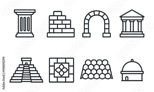 Ancient architecture icon pack - linear outline heritage symbols for historic designs: column, bricks, archway, temple, pyramid, tile pattern, dome.