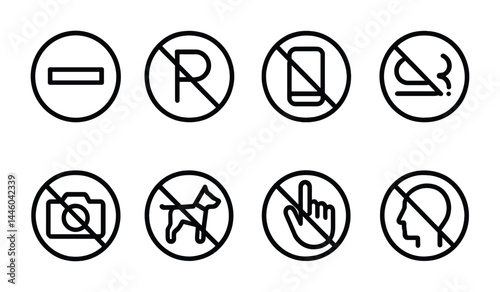 Prohibited action outline icon set – linear style no entry, restriction, and ban symbols for safety and rules: no phone, no smoking, no dogs, no photography, no touching.