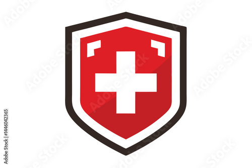 Red and white medical shield with a white cross and dark frame