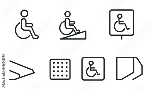 Accessibility and disability icons set – outline style universal design, inclusivity, and support symbols for diverse needs: wheelchair, ramp, braille, elevator, sign, hearing aid, guide dog.