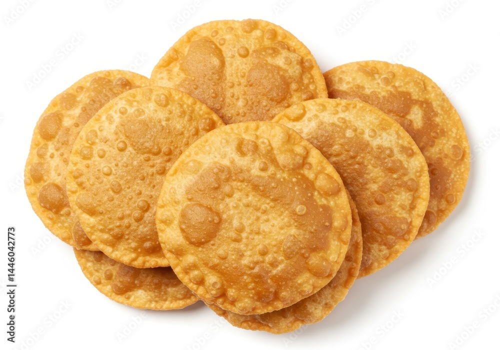 Stack of freshly fried puri bread on a white background Stack of freshly fried puri bread on a white background