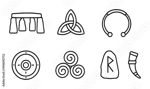 Celtic and viking outline icons set – line style mythical, ancient symbols for history enthusiasts: stonehenge, triquetra, torc, shield, triskele, rune, drinking horn.