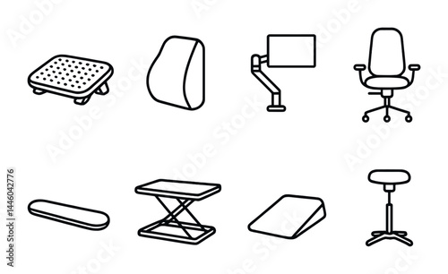 Ergonomic office furniture icons in outline style – workspace comfort and health essentials: footrest, back cushion, monitor arm, office chair, wrist support, standing desk, wedge pillow, stool.
