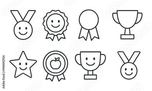 Award and recognition icons set – outline style achievement, victory, and excellence symbols for success: medal, trophy, ribbon, badge, star, certificate, cup, award.