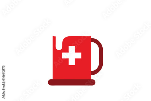 Stylized red mug with a medical cross, symbol of aid and assistance