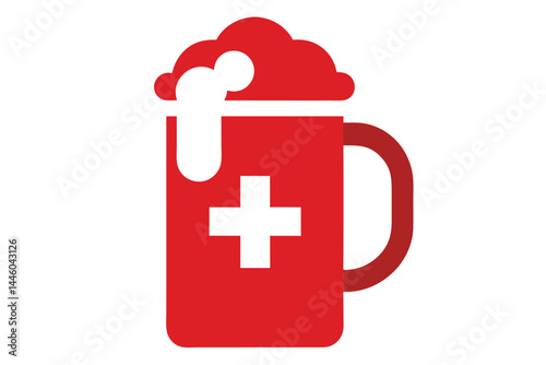Conceptual medical beer mug illustration with Swiss flag cross design.