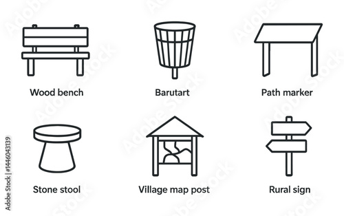 Outdoor furniture and signage icon set – line style park, public space, and navigation symbols for landscapers: wood bench, trash bin, path marker, stone stool, village map post, rural sign.