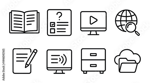 Modern education icon set – outline style learning and teaching tools for online courses: book, quiz, video, globe, notebook, webinar, files, cloud storage