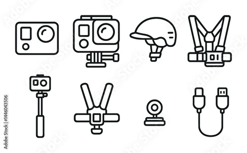 Action camera gear icons set - outline style videography, filmmaking, and photography tools: action camera, helmet, chest mount, selfie stick, webcam, usb cable