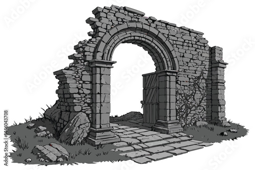 90 Ancient stone arch, weathered masonry, rugged texture, cracked stonework, medieval architecture, fantasy gateway, isolated on white background, high detail, photorealistic, 3D render, game asset, a