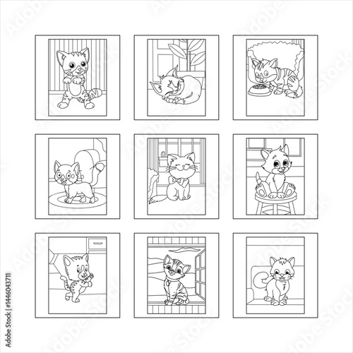Cute Cartoon Cats Outlines Collection Various Poses Home Set Coloring Book Illustrations
