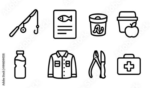 Fishing outline icons set – linear style for outdoor and recreation enthusiasts: fishing rod, fish recipe, bait bucket, tackle box, water bottle, fishing shirt, pliers, first aid kit.