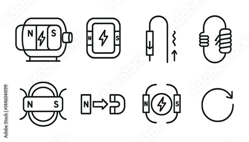 Electromagnetism linear icons set – outline style physics, science, and education symbols: transformer, electromagnet, induction coil, magnetic field, solenoid, current flow, directional arrows.