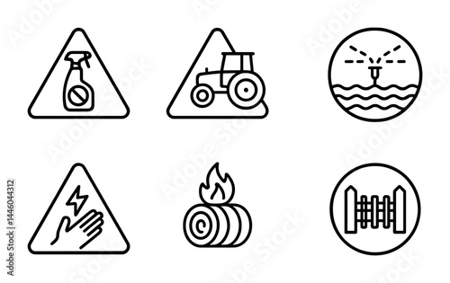 Agricultural and safety outline icons set – linear style farm, caution, and equipment symbols for hazard awareness: pesticide, tractor, irrigation, electric shock, fire, fence.