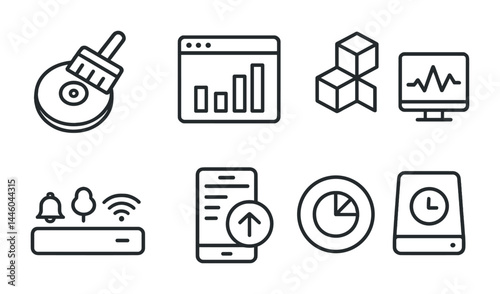 Technology and data line icons set – outline style for analytics, automation, and iot: disk cleanup, graph, database, monitor, smart home, mobile interface, chart, clock