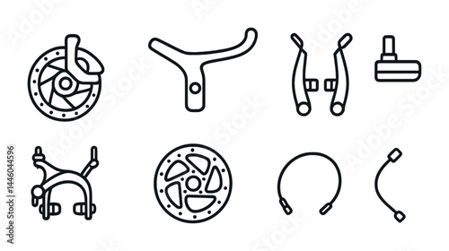 Bike components outline icons – line style cycling, bicycle repair, and maintenance symbols: brake disc, handlebar, brake lever, pedal, brake caliper, wheel, cable