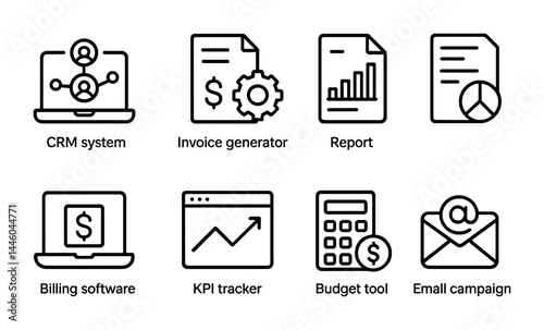 Business management line icons set – streamline operations, financial analysis, and communication essentials: crm system, invoice, report, billing, kpi, budget, email