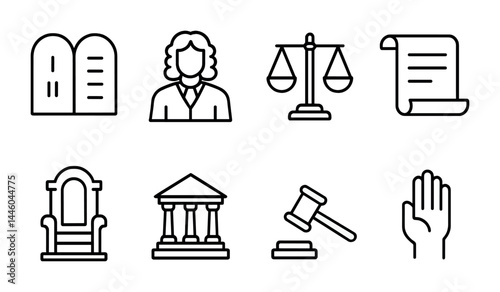 Justice law outline icons set – linear legal, judiciary, and court symbols for legal documentation: tablets, judge, scales, scroll, throne, courthouse, gavel, hand.