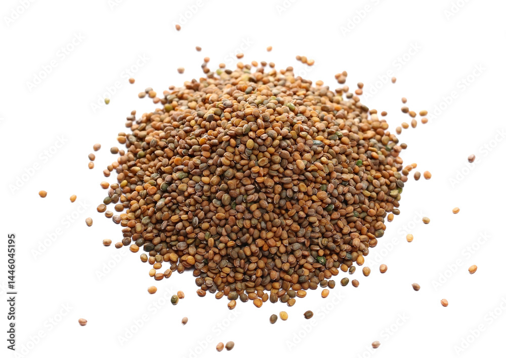 Arugula or rocket seeds scattered, Eruca sativa, isolated on white background, top view, clipping path Arugula or rocket seeds scattered, Eruca sativa, isolated on white background, top view, clipping path