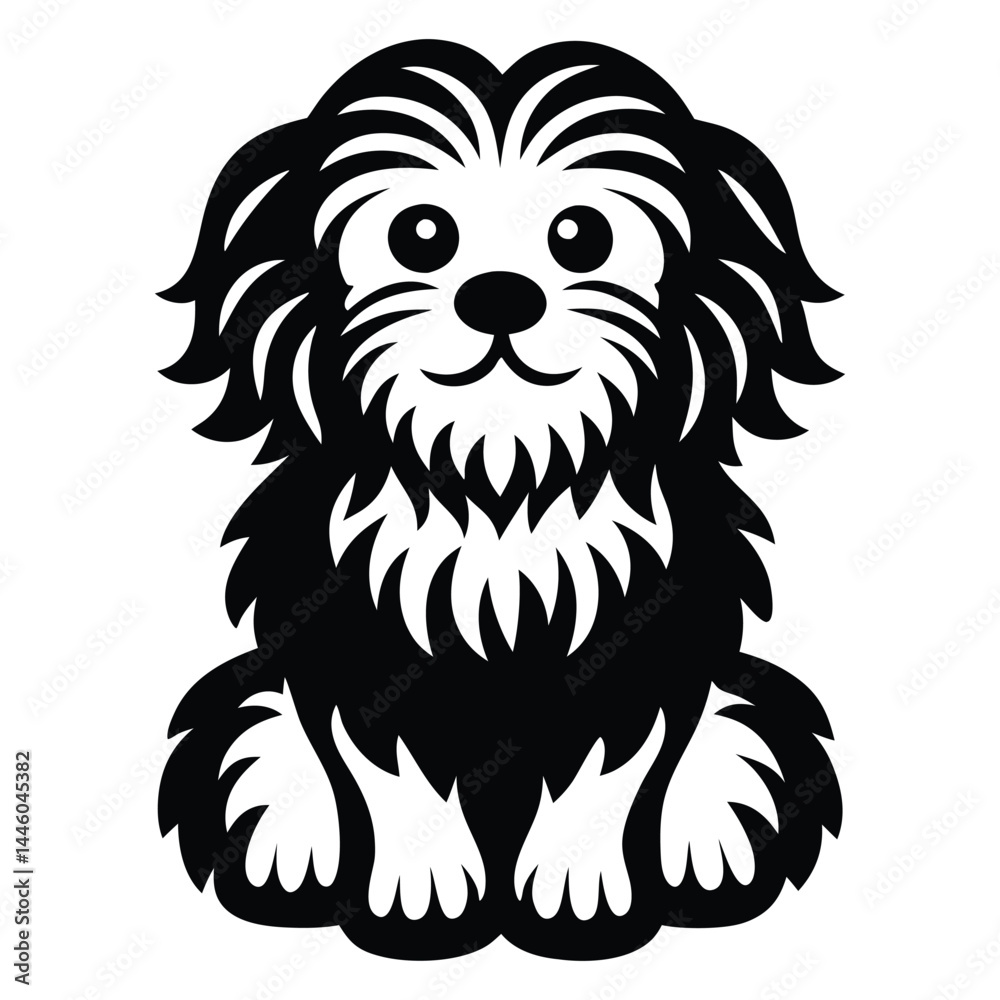 Fototapeta premium Havanese dog black silhouette vector isolated on white background, Cartoon Havanese dog with fluffy coat silhouette
