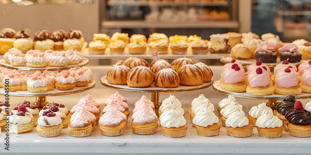 Assorted Pastries and Cream-filled Donuts in Bakery Display | Freshly Made Pastries for Sale, Colorful Cream Cakes and Donuts in Bakery Showcase | Sweet Bakery Treats on Display Assorted Pastries and Cream-filled Donuts in Bakery Display | Freshly Made Pastries for Sale, Colorful Cream Cakes and Donuts in Bakery Showcase | Sweet Bakery Treats on Display