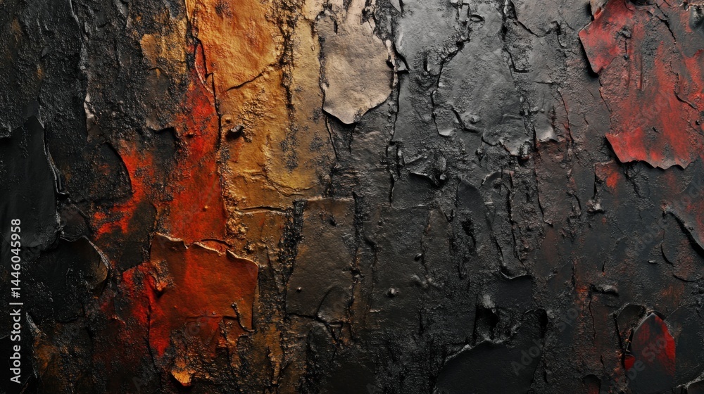 Textured abstract painting, showcasing a mix of dark and vibrant colors.  Deep, rich hues layered and sculpted, creating a visually striking and dynamic surface