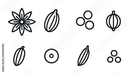 Spice and herb outline icons – culinary ingredients enhanced with 3d minimalist design: star anise, cocoa bean, peppercorns, nutmeg, sesame seed, vanilla pod, cloves