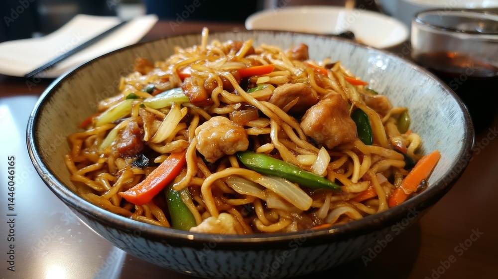 Chow mein with veggies in a bowl. A tasty, close-up photo like you'd see in a restaurant.
Chow mein with veggies in a bowl. A tasty, close-up photo like you'd see in a restaurant.