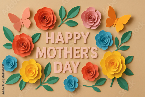 Happy mother's day paper craft flowers and butterflies card design background for greeting and celebration