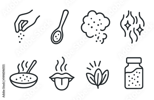 Spices and seasoning outline icons set – cooking and flavor enhancers: hand sprinkling, spoon, spice cloud, aroma lines, cooking pot, tasting tongue, herb leaves, spice jar