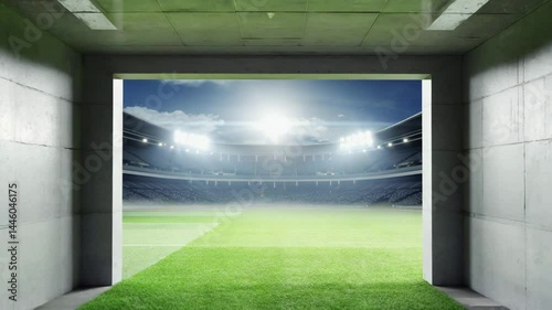 Player tunnel view to a lit stadium with green field.