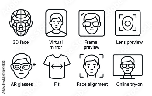 Augmented reality outline icon set – linear style technology, virtual try-on, and face tracking symbols: 3d face, virtual mirror, frame preview, lens preview, ar glasses