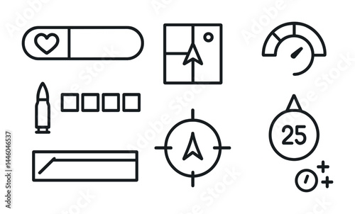 Gaming interface line icons set – outline style for video game design and development: health bar, minimap, speedometer, ammo, target, timer, experience points.