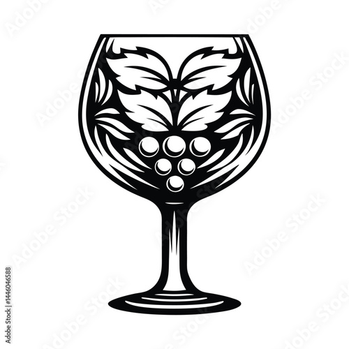 Decorative Wine Glass Silhouette Grapes, Leaves, Black and White, Intricate Design