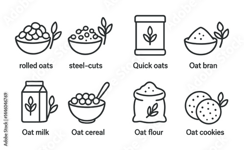 Healthy oat foods outline icons set – linear style breakfast, wholegrain, and nutrition symbols for cooking: oatmeal, cereal, flour, milk, cookies, bran, steel-cuts