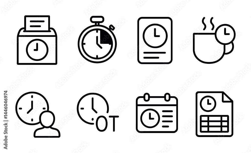 Fototapeta premium Time management linear icons set – outline style scheduling, productivity, and office symbols for effective planning: timesheet, stopwatch, calendar, coffee, clock, overtime.