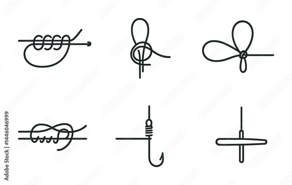 Fishing knots outline icons set – linear style angling, boating, and maritime symbols for outdoor enthusiasts: clove hitch, bowline, figure-eight, fishing hook, slipknot, sheepshank.