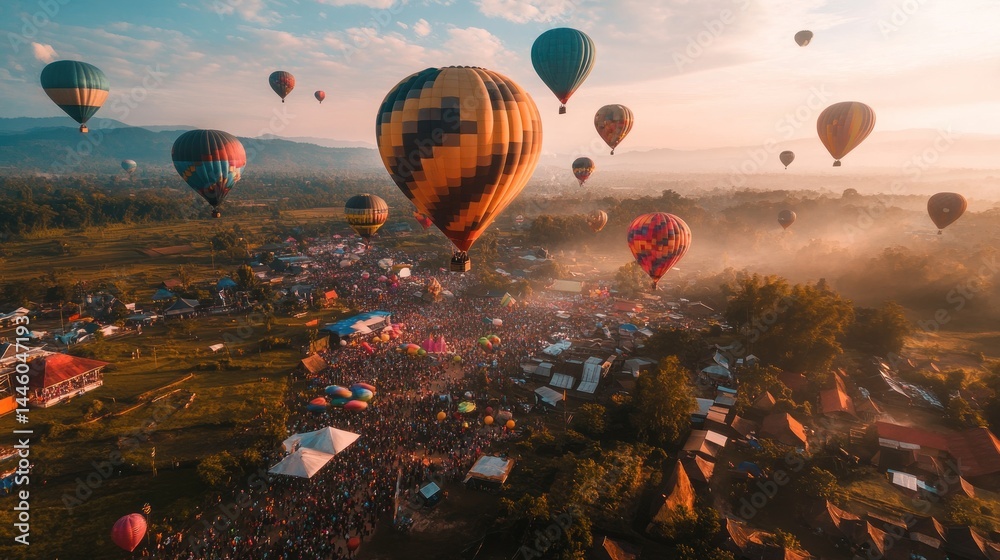 Naklejka premium Colorful hot air balloons over a vast gathering