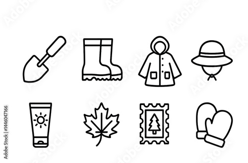 Outdoor adventure line icons – outline style nature, hiking, and camping symbols for explorers: shovel, boots, jacket, hat, sunscreen, leaf, stamp, mittens.