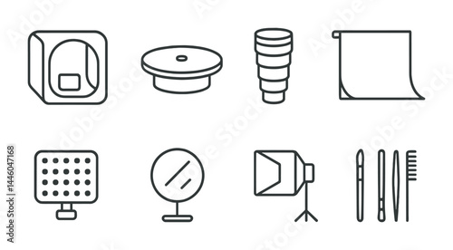 Photography equipment outline icon set – linear style camera gear, studio tools, and lighting essentials for creatives: camera lens, backdrop, softbox, tripod, makeup brushes.