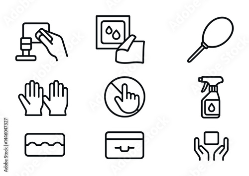 Cleaning supplies and disinfection outline icons set – hygiene, sanitation, and germ control symbols: sponge, spray bottle, wipes, gloves, sign, mop, hand washing