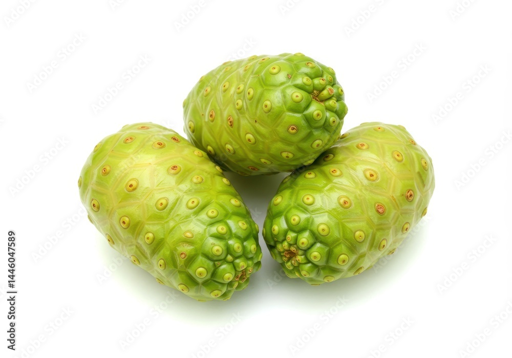 Obraz premium Three noni fruits displayed on a clean white background for tropical appeal