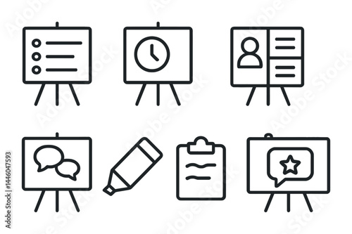 Business presentation icon set - outline style for meetings, corporate events, and workshops: flipchart, clock, id badge, speech bubbles, marker, clipboard, starboard.
